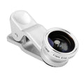 Smartphone camera lens clip kit showing four detachable lenses: wide angle, macro, fisheye and telephoto.