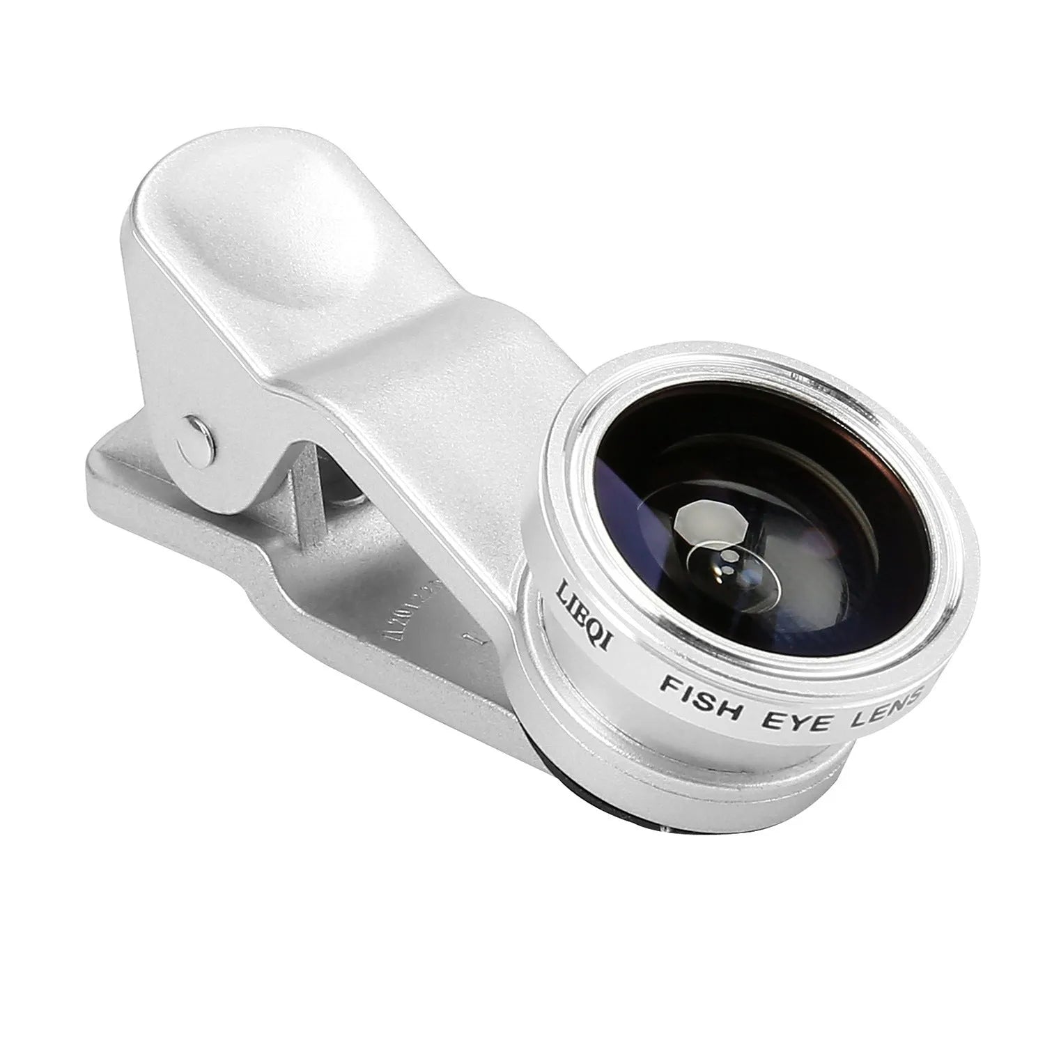 Smartphone camera lens clip kit showing four detachable lenses: wide angle, macro, fisheye and telephoto.