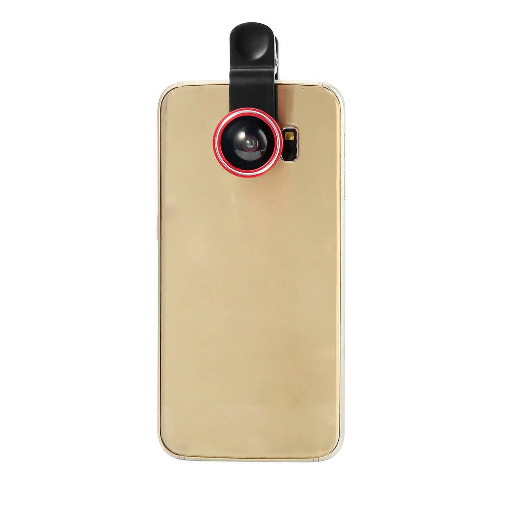 Smartphone camera lens clip kit showing four detachable lenses: wide angle, macro, fisheye and telephoto.