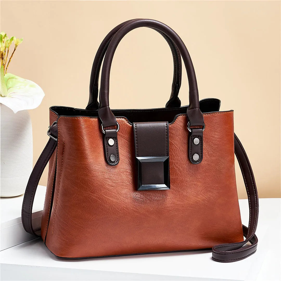 Large vertical square women shoulder bag with lychee pattern PU and gold-toned buckle in red