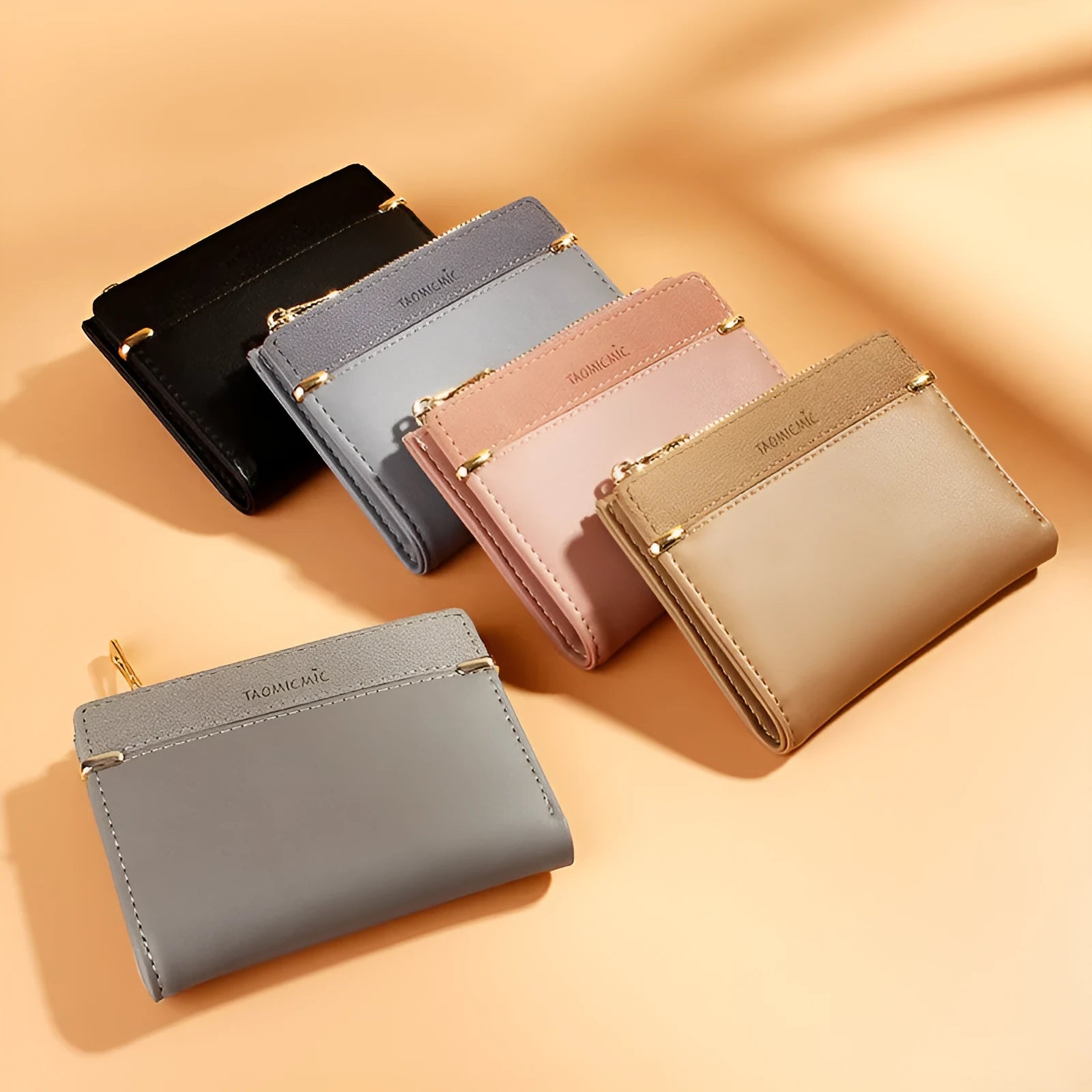 Short ladies wallet with zipper closure showing multi card slots and compartments in PU leather