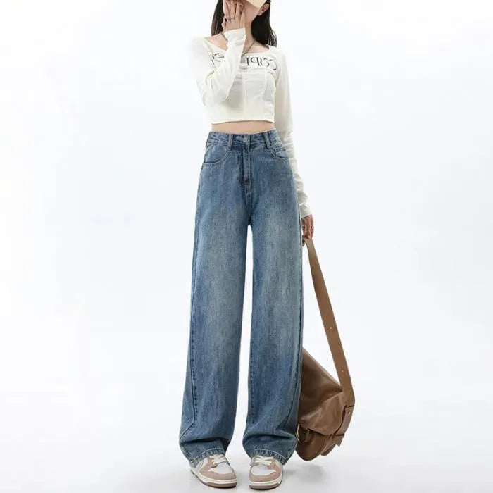 Women's high waist wide leg jeans in retro blue colour with straight leg cut