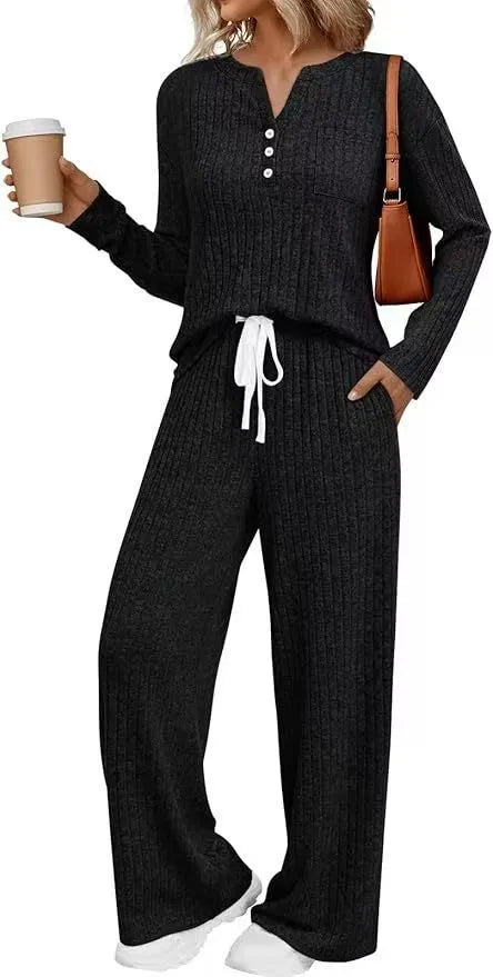 Women's V-neck knit long coat with lace-up detail and matching trousers in street fashion style