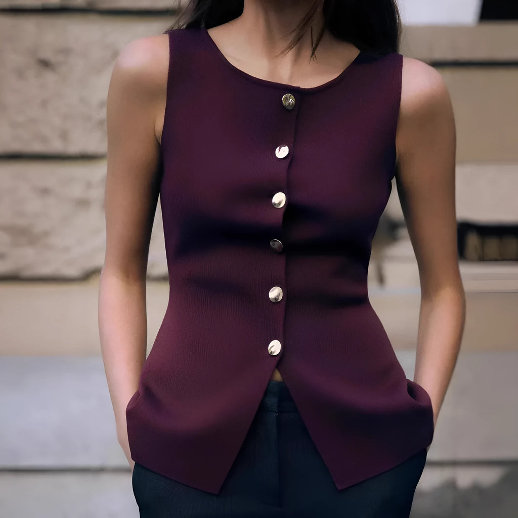 Slim fit dark red viscose vest with 3D pattern detailing and gold button front