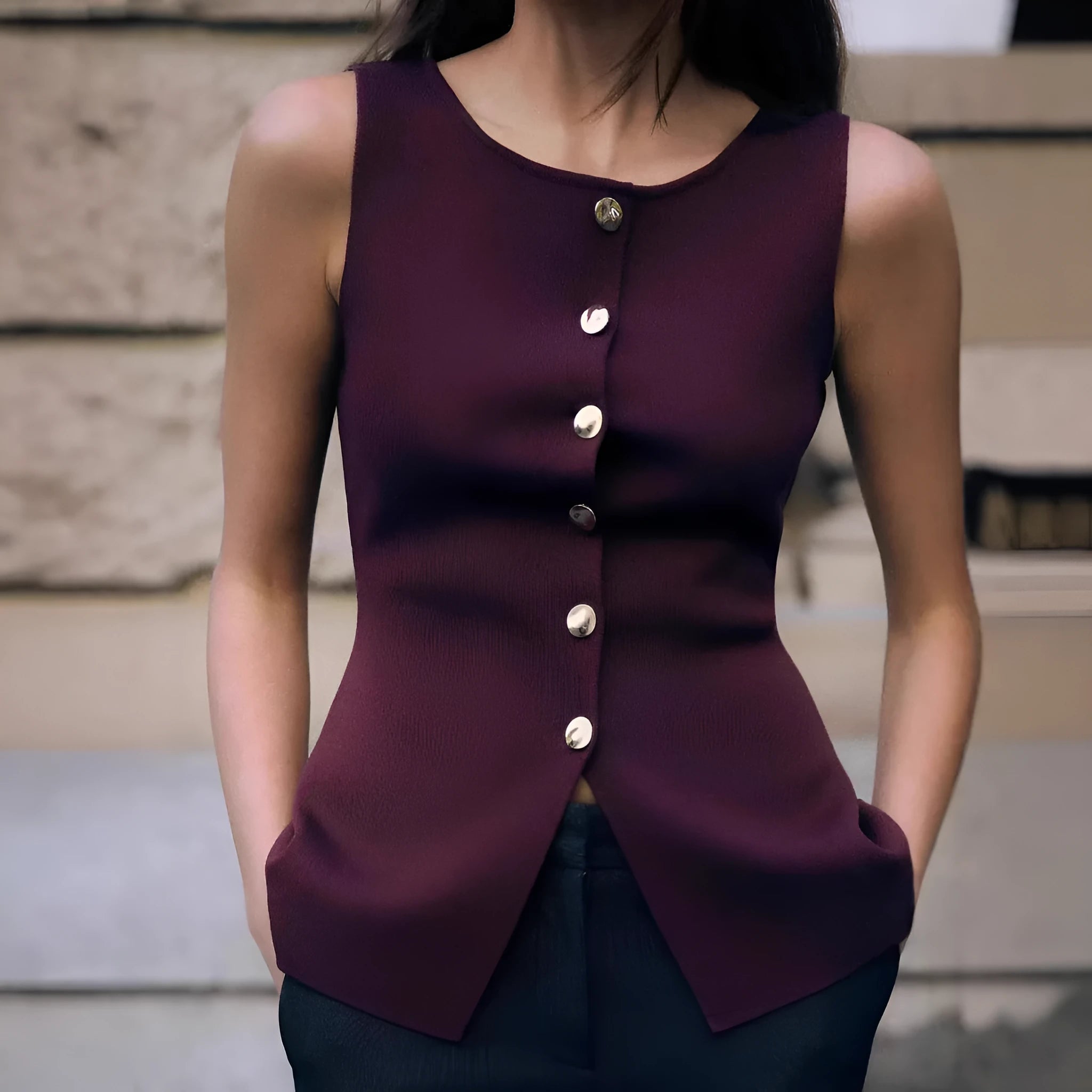 Slim fit dark red viscose vest with 3D pattern detailing and gold button front