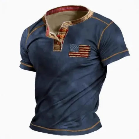 Men's simple lapel button short sleeve sport shirt in polyester fabric on a model.