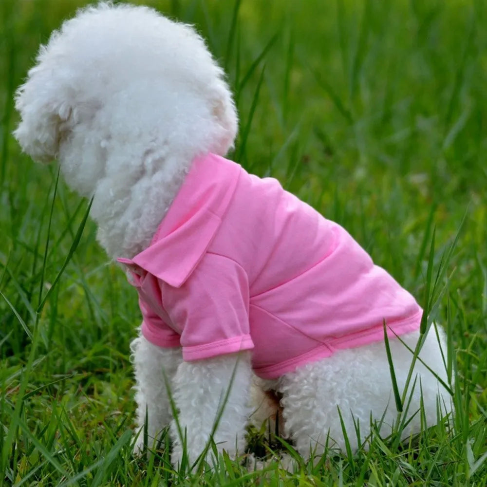 Cotton dog polo shirt in solid colour with collar, available in sizes XS to XL for small medium and large dogs