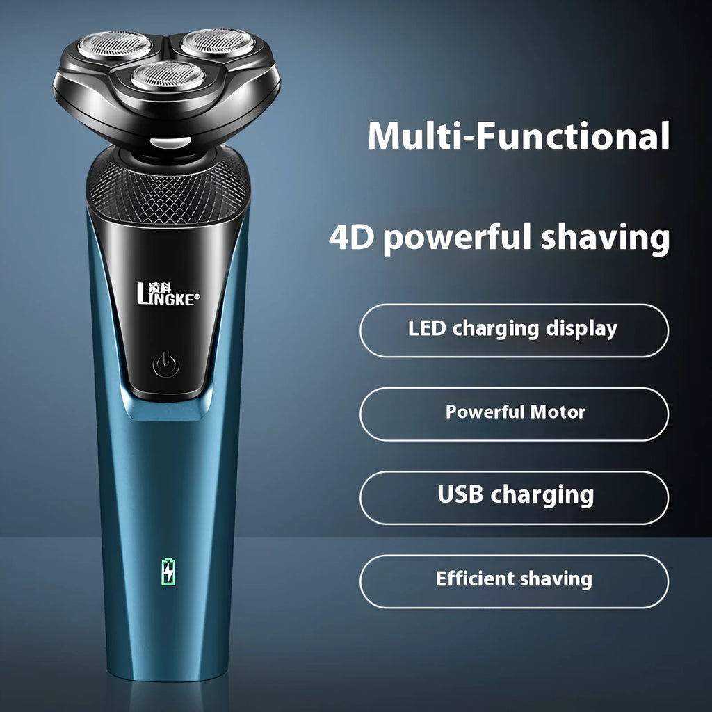 Three-in-one men's electric shaver in blue with USB charging cable