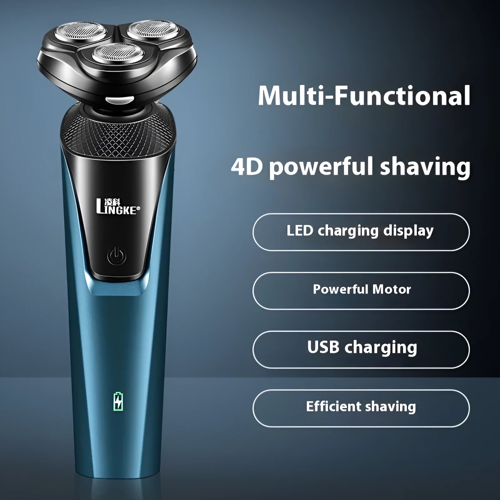 Three-in-one men's electric shaver in blue with USB charging cable
