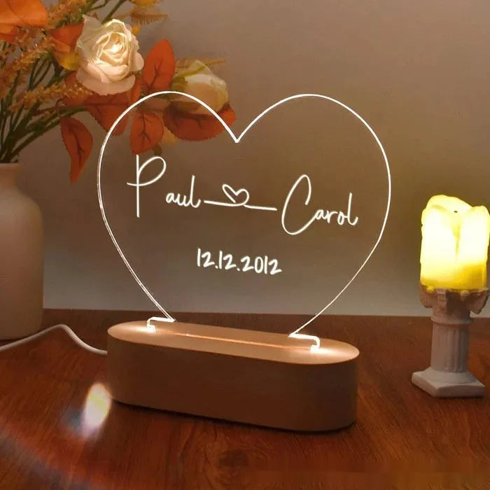 Custom LED night light with engraved names and date on transparent acrylic plate