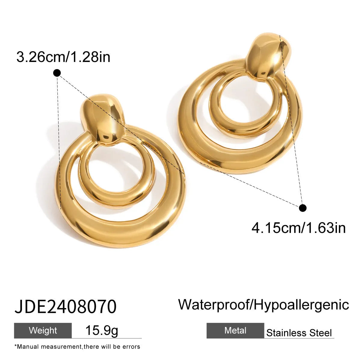 Golden round double layer hollow stud earrings with 18K gold electroplating on titanium steel