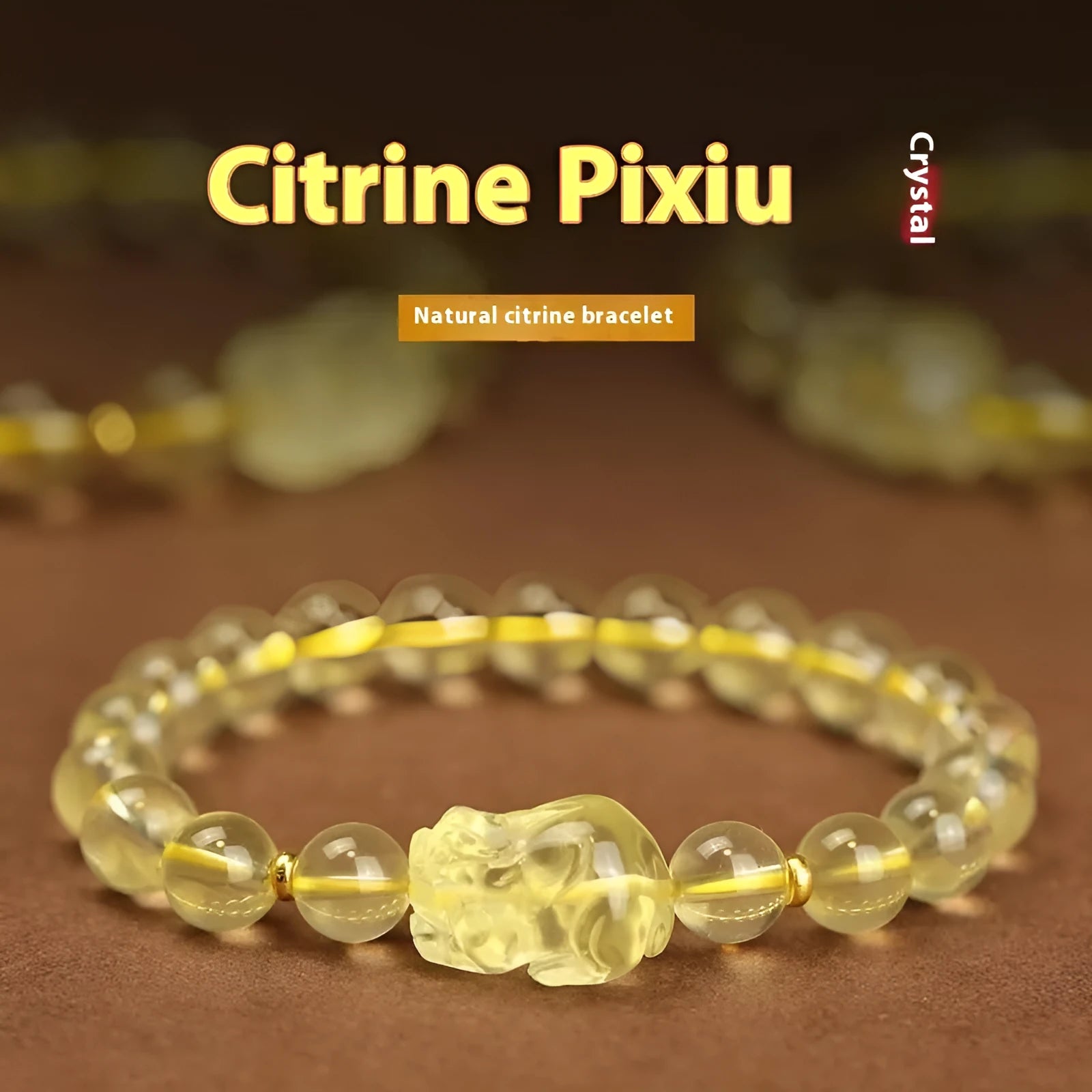 Yellow artificial crystal Pi Xiu bracelet on a leather cord in Chinese national style.