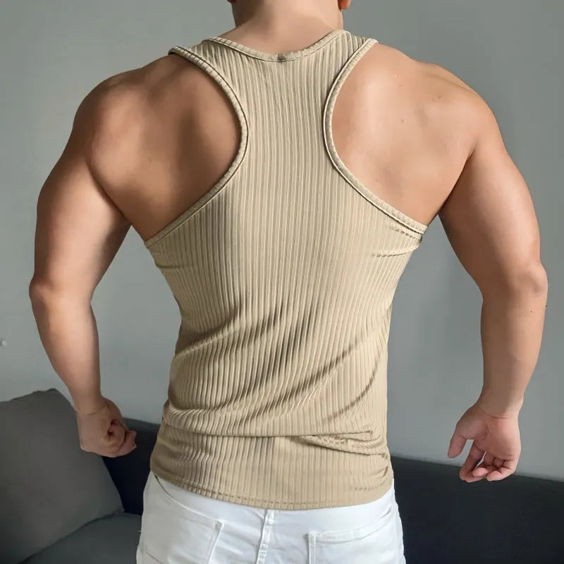 Men's solid color fitness vest slim fit quick-drying polyester spaghetti strap tank top in khaki, black, light blue, white, gray sizes M L XL