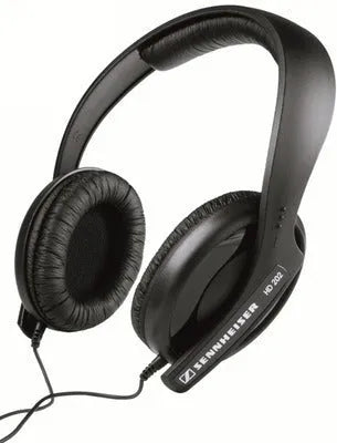 Black stereo headphones with head-mounted design, 40mm speakers, and integrated cable with microphone