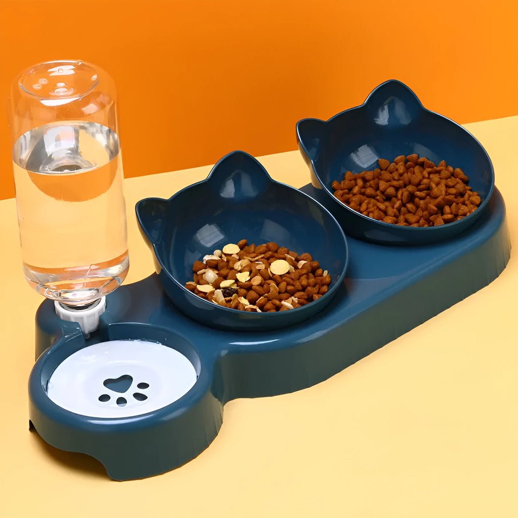 Pet supplies food basin double bowl with cervical spine protective automatic drinking bowl in plastic