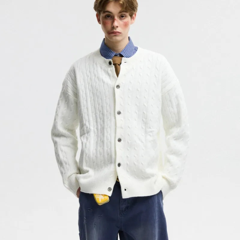 Twisted solid colour sweater cardigan for men and women in loose fit polyester, available in red navy blue blue white light floral gray
