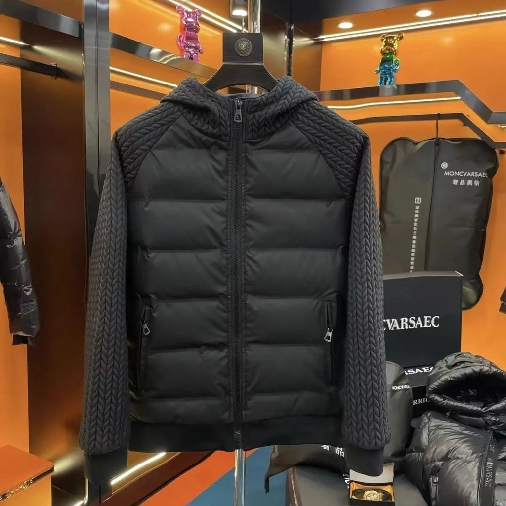 Men's black thick slim-fit hooded winter coat in polyester fibre on model