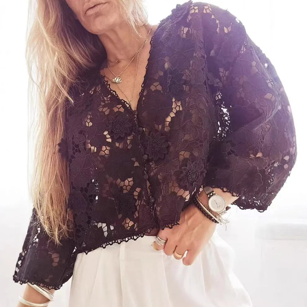 Women's loose fit polyester lace cardigan with V-neck and three-dimensional lace flower decoration.