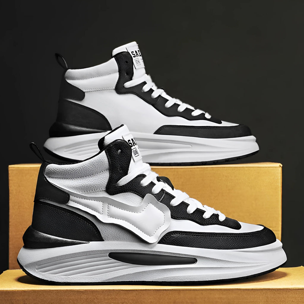 Men's black platform high-top board shoes with round toe and artificial PU upper