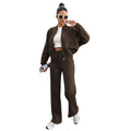 Women's fleece zipper cardigan and straight trousers suit in black, casual style with long sleeves