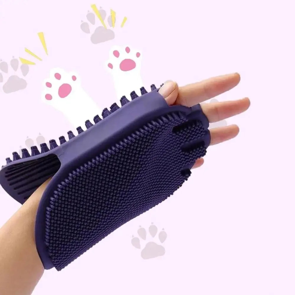 Purple soft TPR dual-sided pet massage brush for dog grooming and shampooing with ergonomic handle