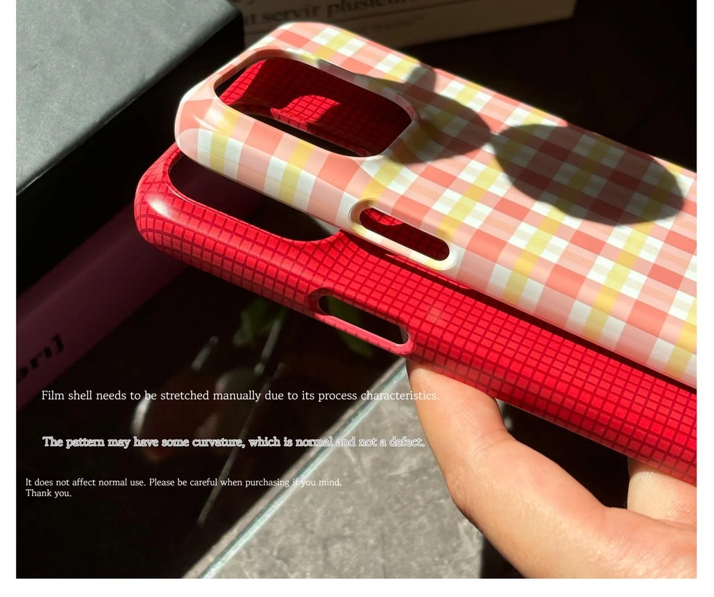 Anti-fingerprint plaid phone case for iPhone 15 Pro Max in red and orange pattern