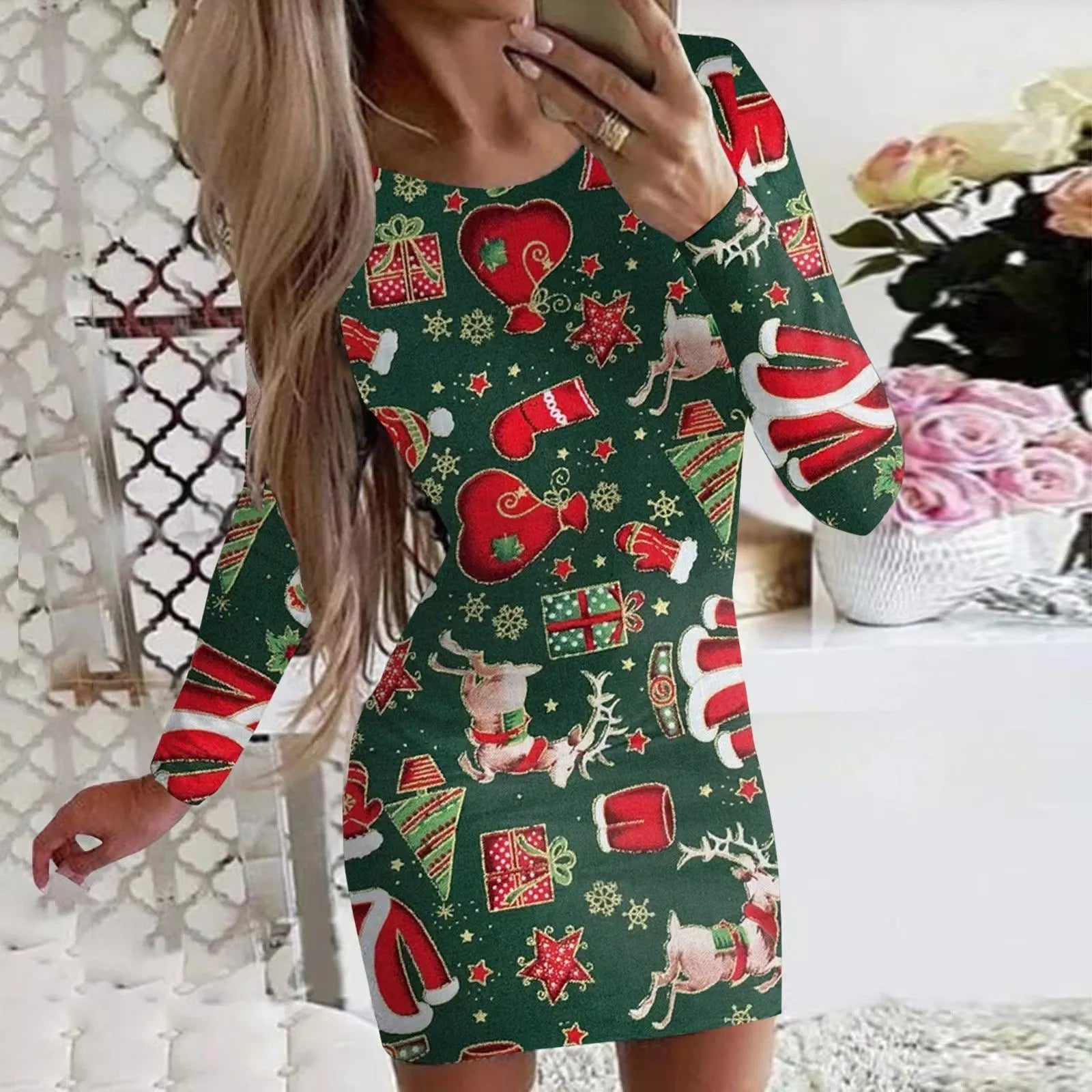Animal pattern round neck dress with long sleeves and hip skirt styling in floral colour