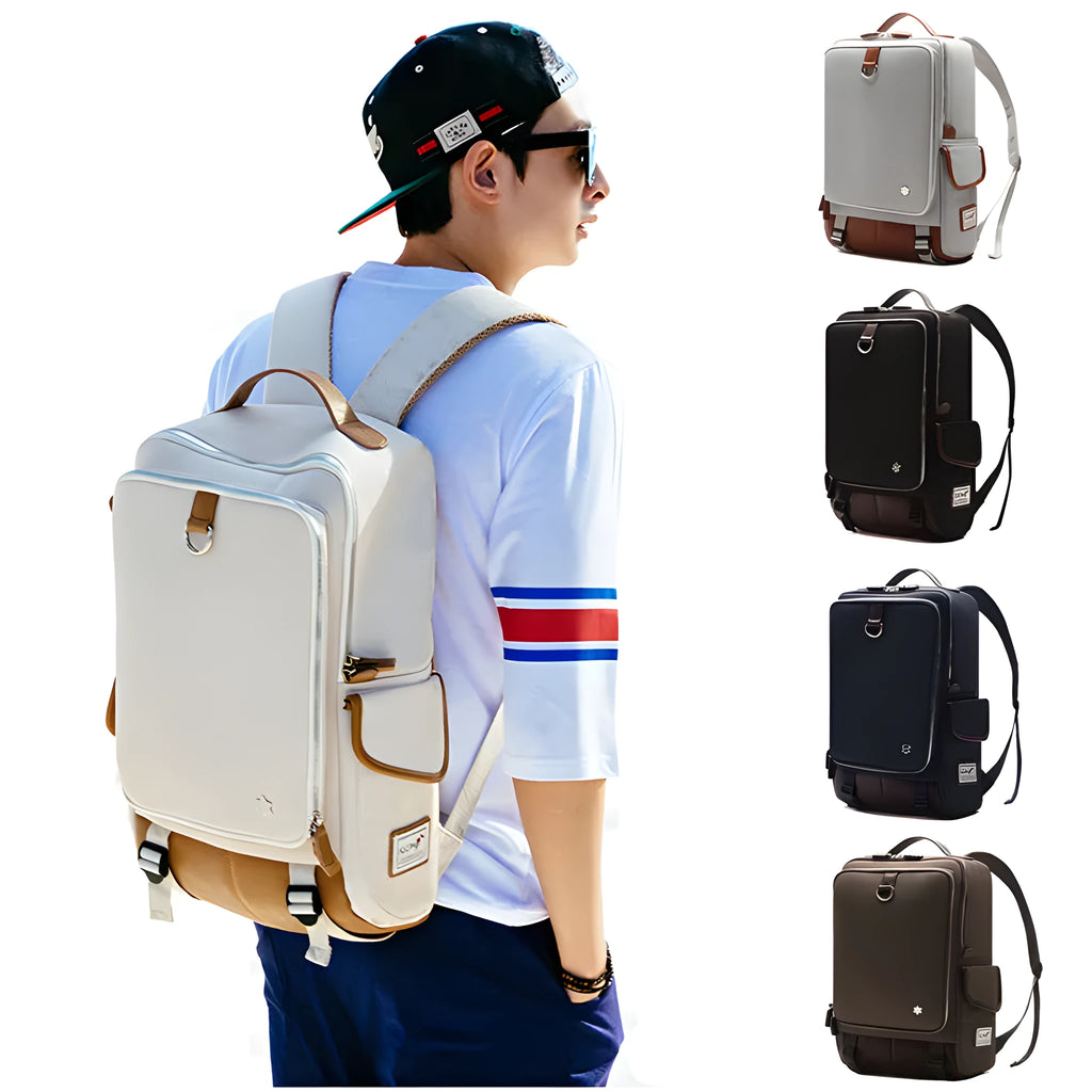 Modern men's backpack in Oxford cloth showing large main compartment, available in army green colour.