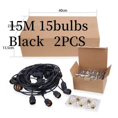 15-metre black LED light string with 15 bulbs for indoor and outdoor decoration