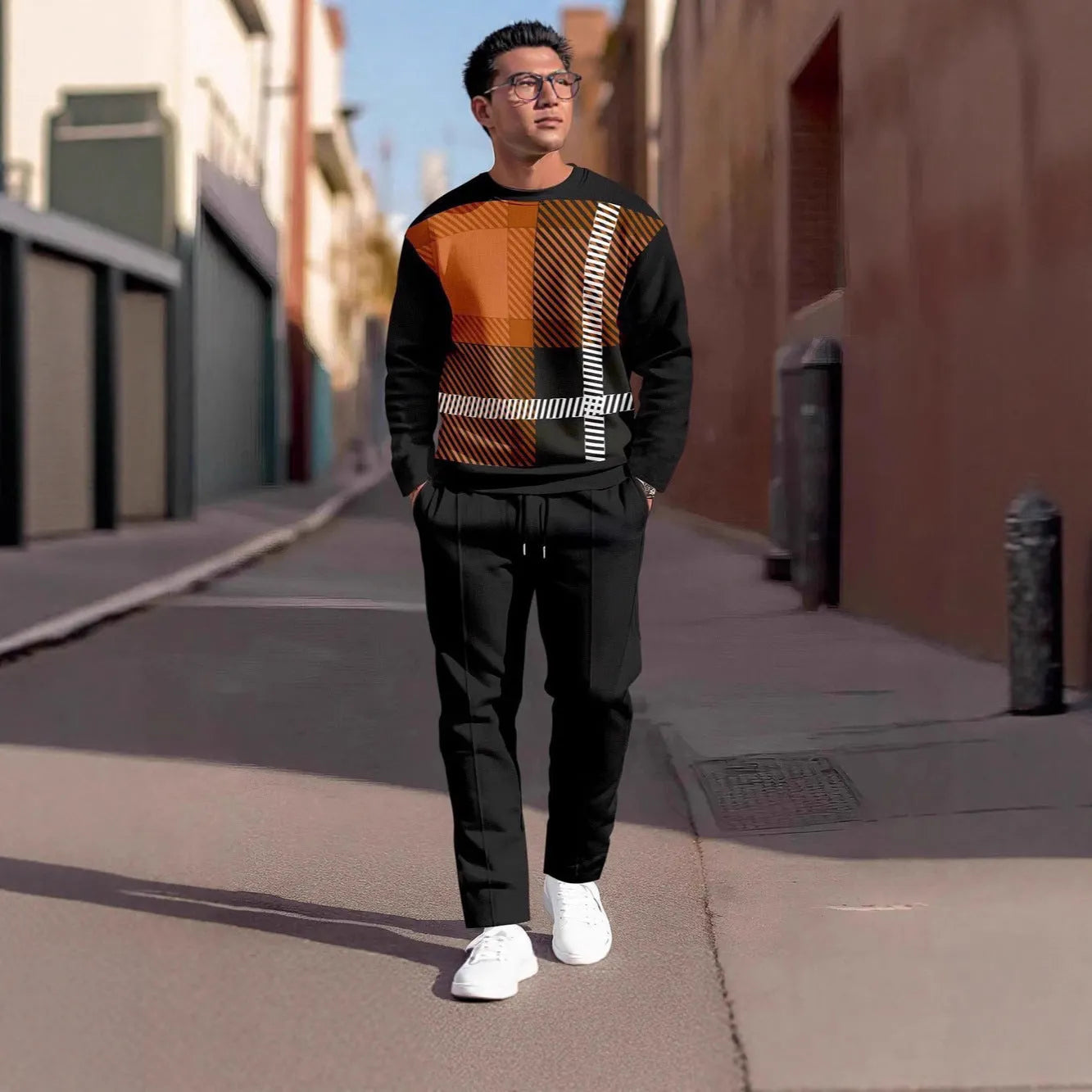 Men's autumn casual 3D digital print round neck polyester sweatshirt and sweatpants set, long sleeves, multiple colour options