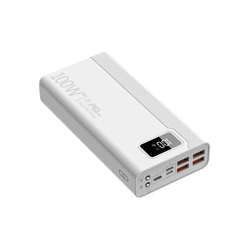 Large capacity power bank in black or white with plastic shell, showing fast charging capability and multiple capacity options