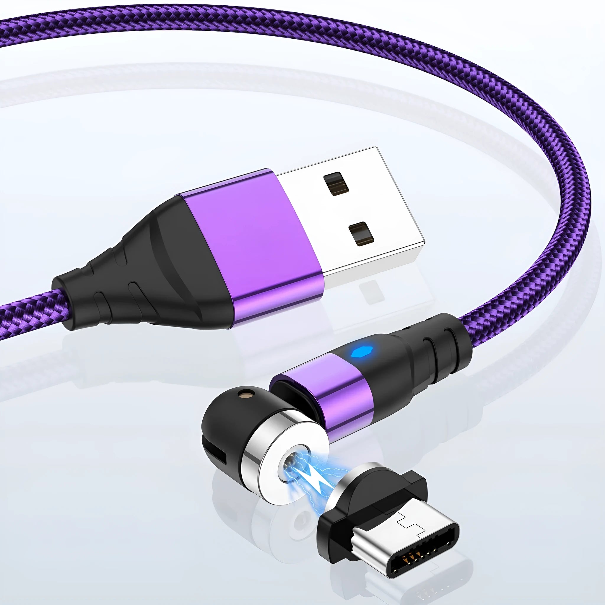 Black magnetic charging cable with LED diamond lamp, showing Android and Type-C magnetic connectors.
