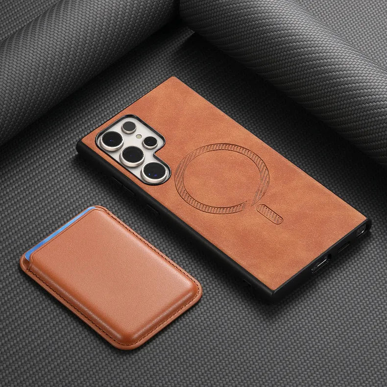 Samsung Galaxy S24 Ultra silicone anti-fall protective cover with plain leather texture in purple colour on white background