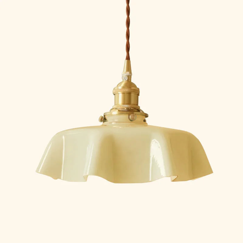 Medieval French brass flower bud cream glass chandelier with adjustable height
