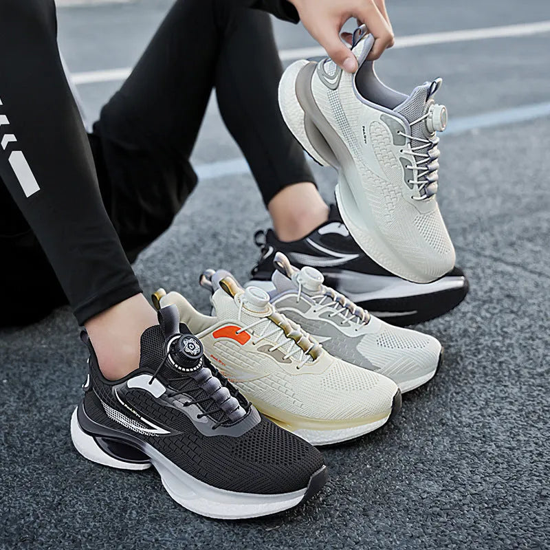 White rotating buckle running shoe with fly-kit mesh upper and low-top design on a solid background.
