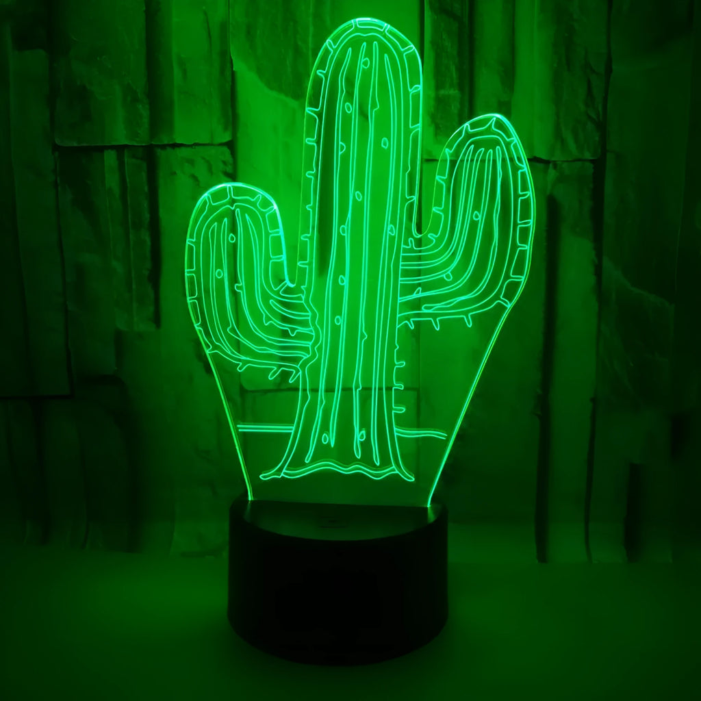 Cactus 3D night light with touch control showing green LED glow on a wooden table