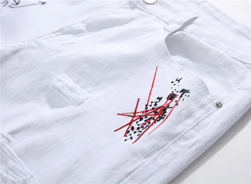White shredded embroidery jeans for women cotton denim straight leg ankle length high waist distressed pants