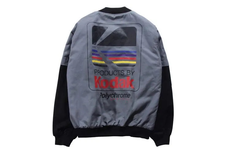 Hip hop style unisex cotton baseball jacket in grey with round neck and side slit pockets