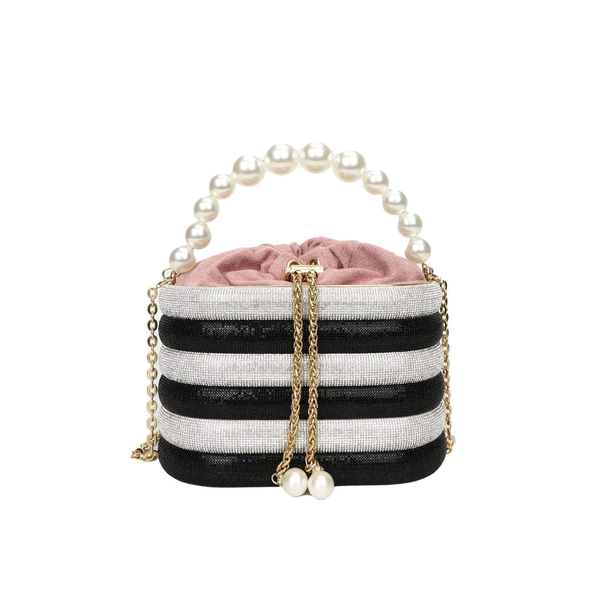 Retro style women's crossbody handbag with pearl beads in soft PU leather, shown in round shape.