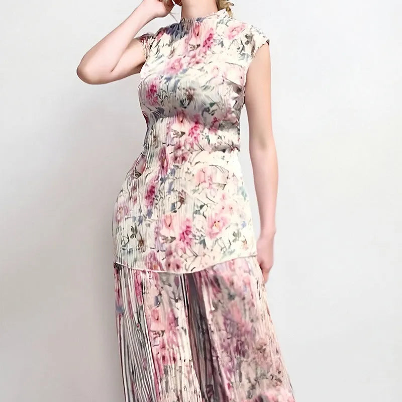 Women's long sleeve printed chiffon dress set with high waist skirt.