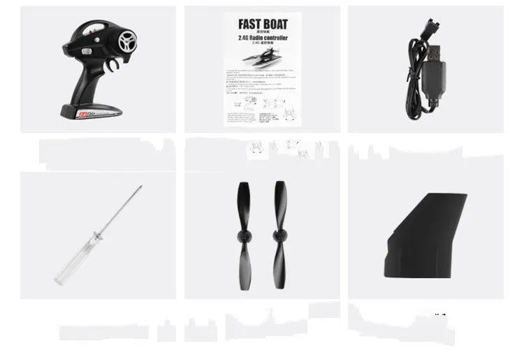 Black plastic high-speed 2.4G remote control toy boat with handle remote and spare propellers