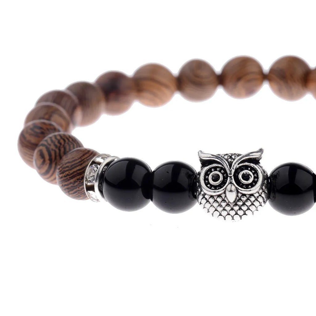 Owl frosted stone lifeline wood grain bracelet with wood beads alloy stone in black and gold colour options