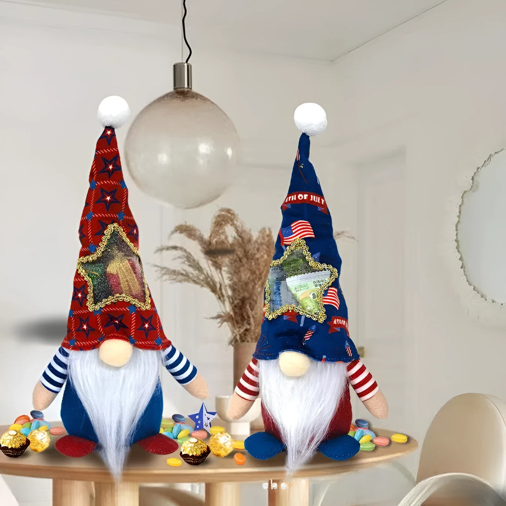 Two faceless red Rudolf baby doll ornaments with suit styling on a white background