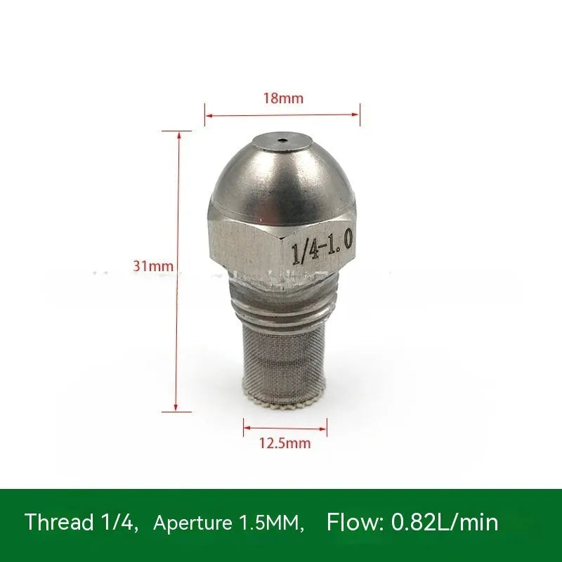 304 stainless steel two-point industrial spray nozzle with external thread and filter screen for atomisation.