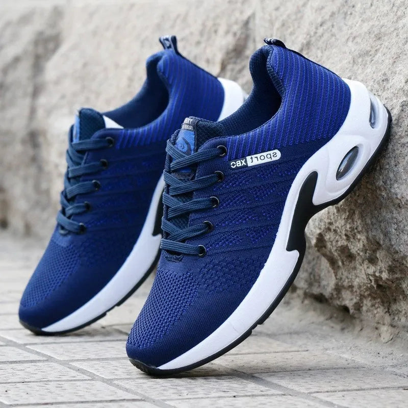 Men's breathable mesh air cushion running shoes in black – low top woven upper on rubber sole