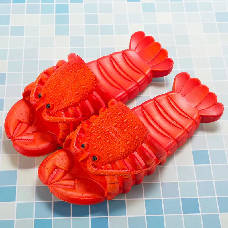 Cute red lobster-shaped PVC slippers for unisex wear, solid colour with flanging detail on patent leather upper