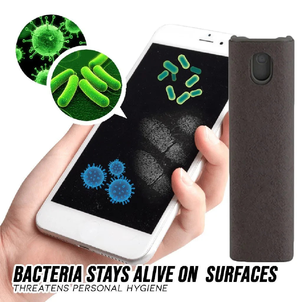 Small blue screen cleaner bottle with attached microfiber cloth on a table next to a smartphone
