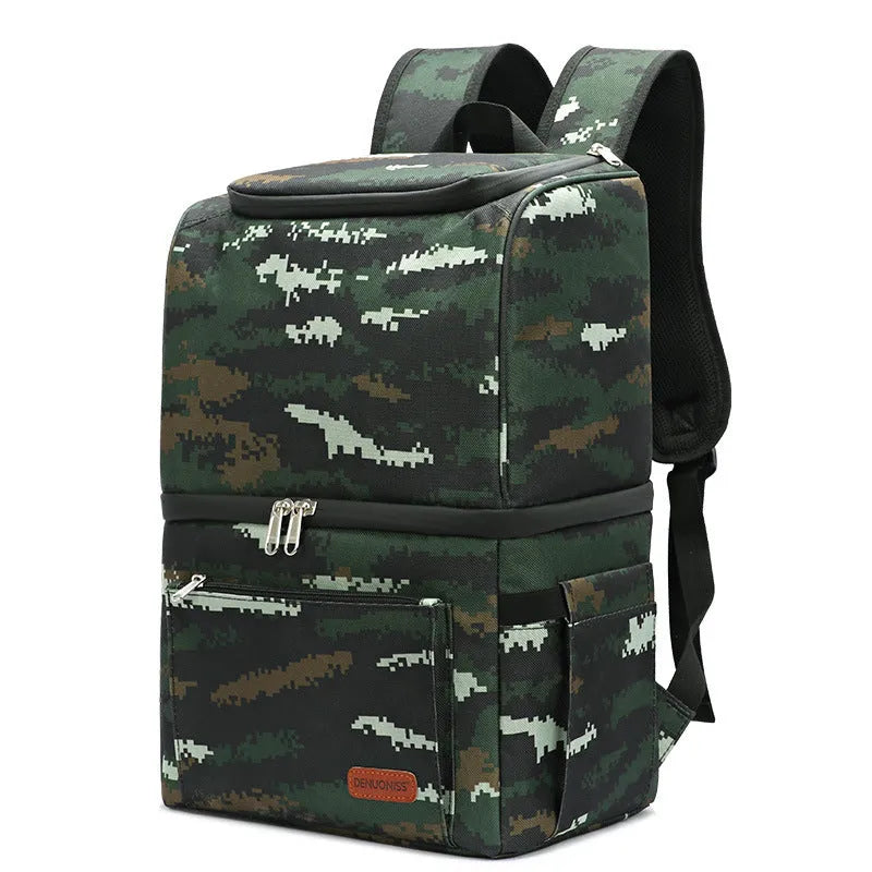 Double layer insulated picnic backpack with ice pack in blue colour showing 22L capacity