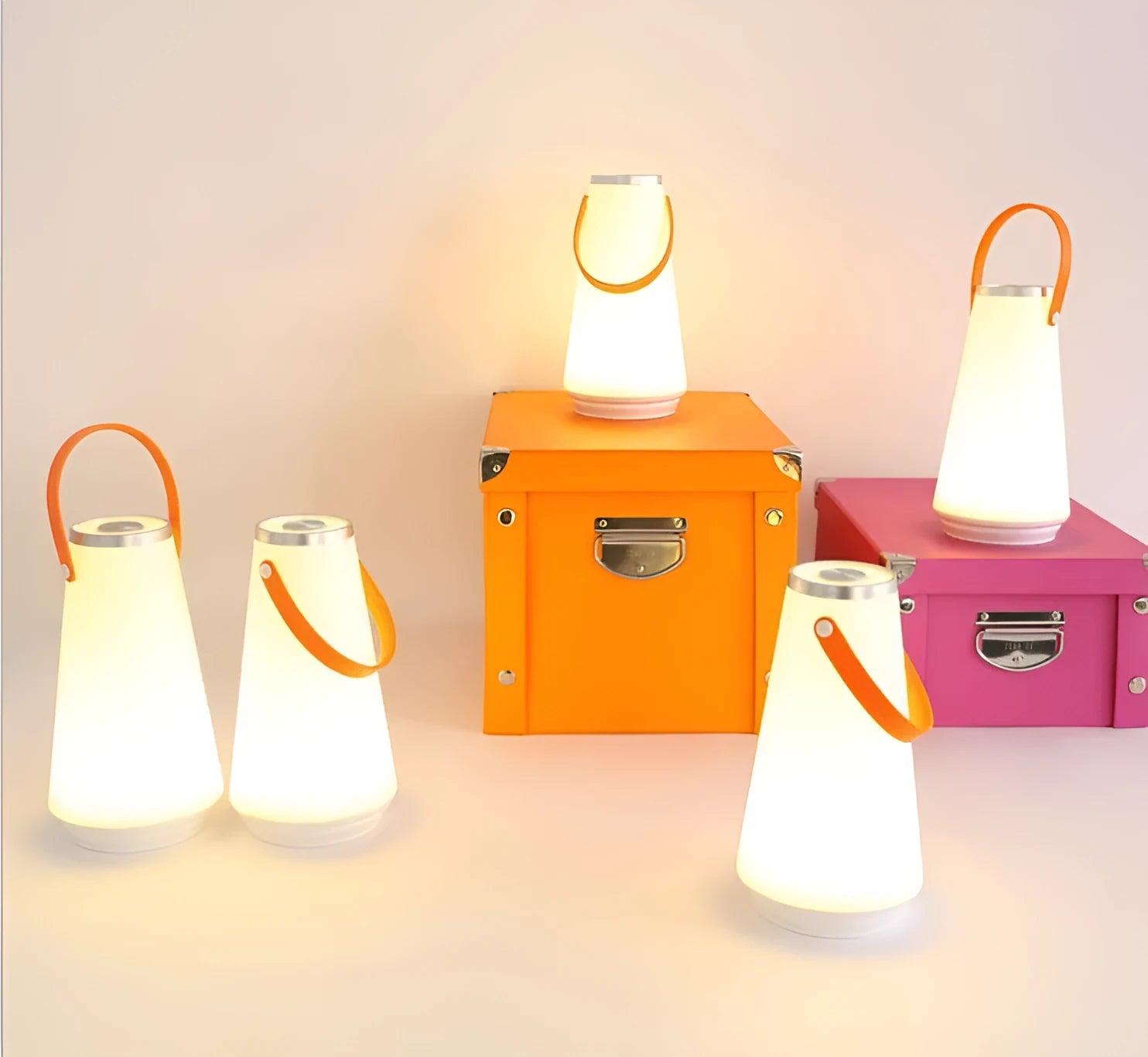 White rechargeable LED bedside lantern with USB cable, showing compact columnar design
