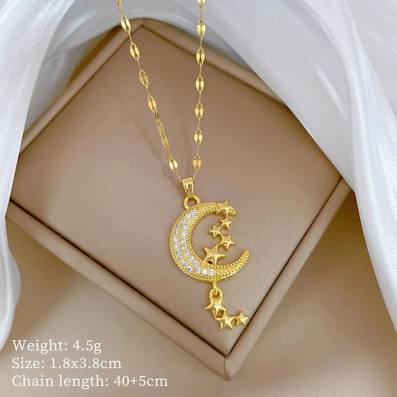 Stainless steel and copper moon pendant necklace with geometric diamond pattern and tassel design